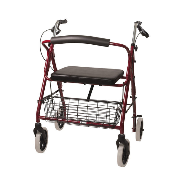Duro Med 4 wheel rollator, 8 in. Wheel, 32   36 in. Handle, Burgundy, 375 lbs, Aluminum Frame