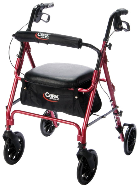 Carex® 4 Wheel Rolling Walker, 8 in. Wheel, 33.75   38.75 in. Handle, Burgundy, 250 lbs, Aluminum Frame