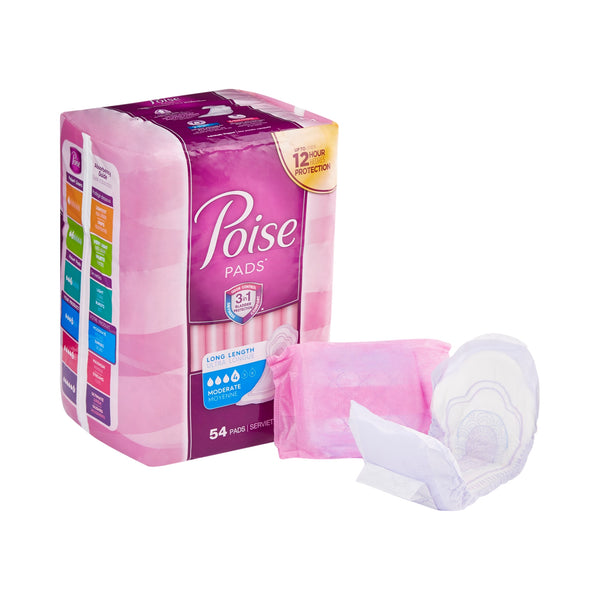 Poise® Moderate Bladder Control Pad, Long Length, 54 Pads per Package