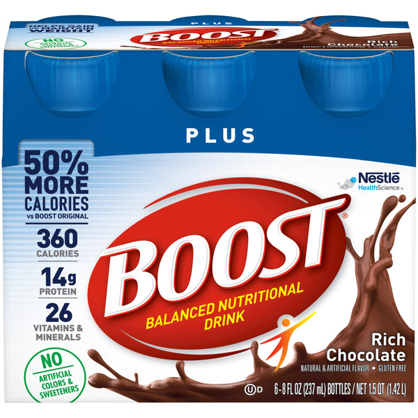 Boost Plus® Chocolate Oral Supplement, 8 oz. Bottle, 6 per Pack, 4 Packs per Case